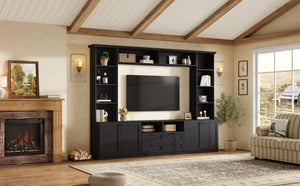 English Elm Farmhouse Built-in Style Entertainment Center with Drawers Cabinets and Adjustable Shelving Black N721S000087B