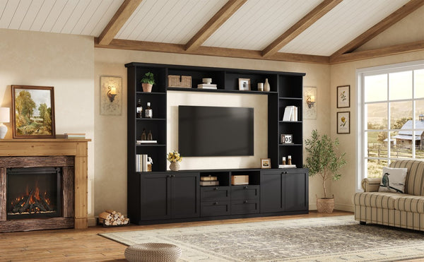English Elm Farmhouse Built-in Style Entertainment Center with Drawers Cabinets and Adjustable Shelving Black N721S000087B
