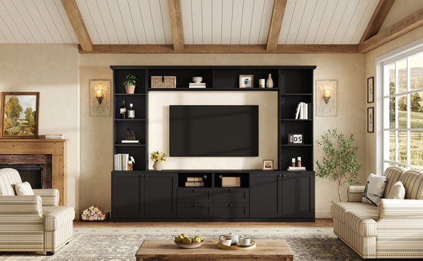 English Elm Farmhouse Built-in Style Entertainment Center with Drawers Cabinets and Adjustable Shelving Black N721S000087B