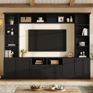 English Elm Farmhouse Built-in Style Entertainment Center with Drawers Cabinets and Adjustable Shelving Black N721S000087B