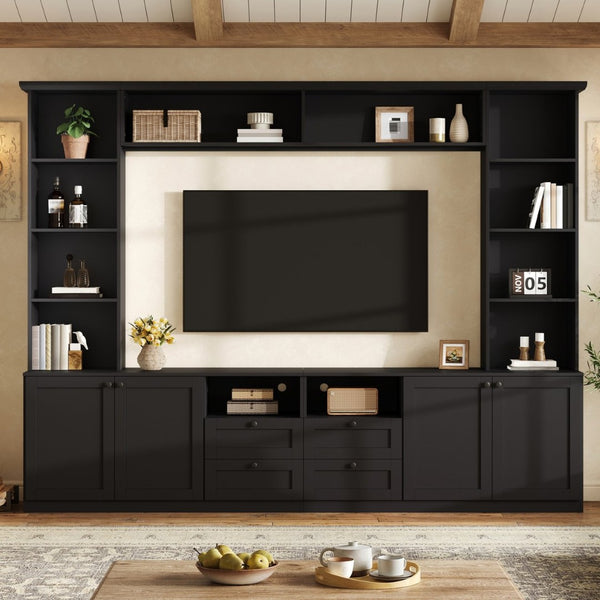 English Elm Farmhouse Built-in Style Entertainment Center with Drawers Cabinets and Adjustable Shelving Black N721S000087B