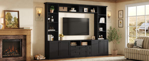 English Elm Farmhouse Built-in Style Entertainment Center with Drawers Cabinets and Adjustable Shelving Black N721S000087B