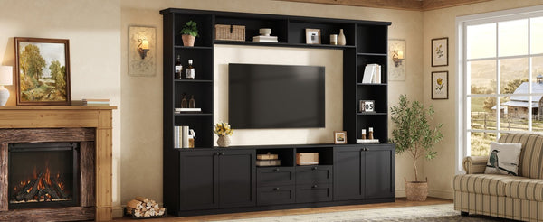 English Elm Farmhouse Built-in Style Entertainment Center with Drawers Cabinets and Adjustable Shelving Black N721S000087B