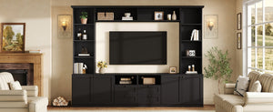 English Elm Farmhouse Built-in Style Entertainment Center with Drawers Cabinets and Adjustable Shelving Black N721S000087B