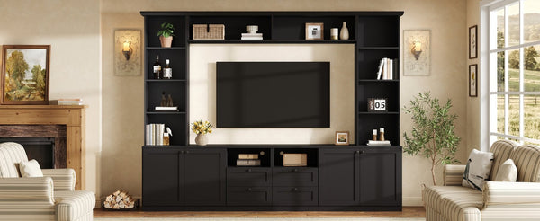 English Elm Farmhouse Built-in Style Entertainment Center with Drawers Cabinets and Adjustable Shelving Black N721S000087B