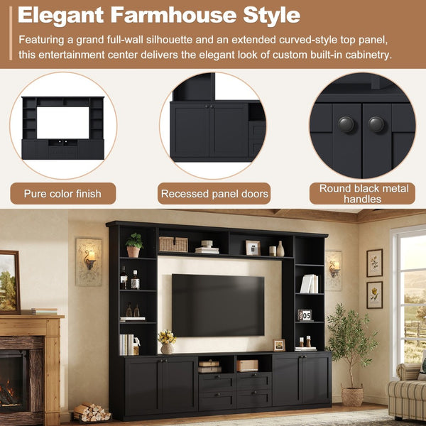 English Elm Farmhouse Built-in Style Entertainment Center with Drawers Cabinets and Adjustable Shelving Black N721S000087B