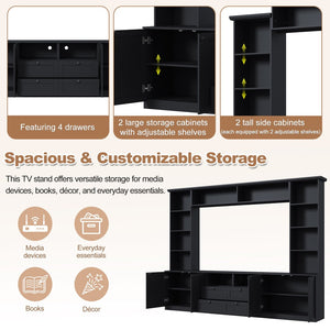 English Elm Farmhouse Built-in Style Entertainment Center with Drawers Cabinets and Adjustable Shelving Black N721S000087B