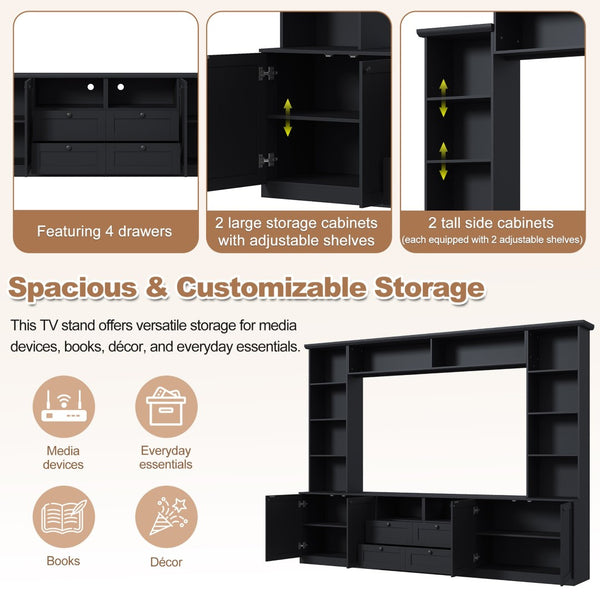English Elm Farmhouse Built-in Style Entertainment Center with Drawers Cabinets and Adjustable Shelving Black N721S000087B