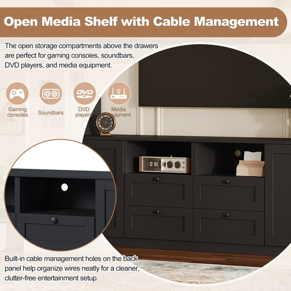 English Elm Farmhouse Built-in Style Entertainment Center with Drawers Cabinets and Adjustable Shelving Black N721S000087B