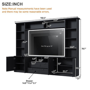 English Elm Farmhouse Built-in Style Entertainment Center with Drawers Cabinets and Adjustable Shelving Black N721S000087B