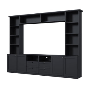 English Elm Farmhouse Built-in Style Entertainment Center with Drawers Cabinets and Adjustable Shelving Black N721S000087B