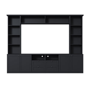 English Elm Farmhouse Built-in Style Entertainment Center with Drawers Cabinets and Adjustable Shelving Black N721S000087B