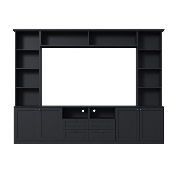 English Elm Farmhouse Built-in Style Entertainment Center with Drawers Cabinets and Adjustable Shelving Black N721S000087B