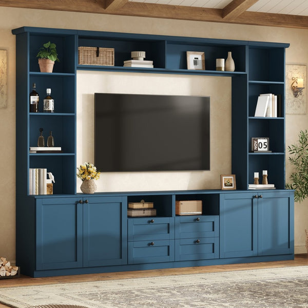 English Elm Farmhouse Built-in Style Entertainment Center with Drawers Cabinets and Adjustable Shelving Blue N721S000087C