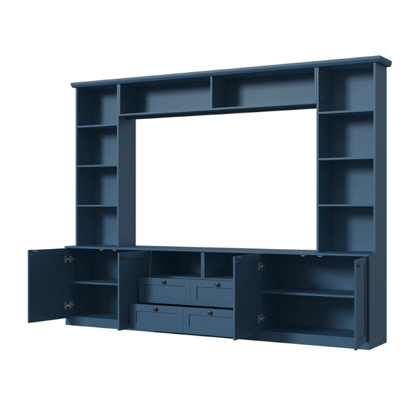 English Elm Farmhouse Built-in Style Entertainment Center with Drawers Cabinets and Adjustable Shelving Blue N721S000087C