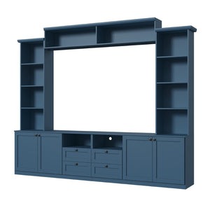 English Elm Farmhouse Built-in Style Entertainment Center with Drawers Cabinets and Adjustable Shelving Blue N721S000087C