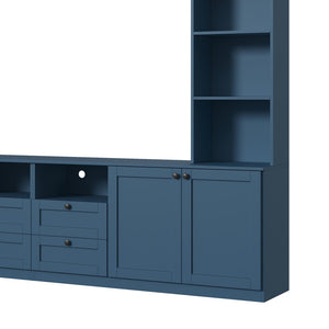 English Elm Farmhouse Built-in Style Entertainment Center with Drawers Cabinets and Adjustable Shelving Blue N721S000087C