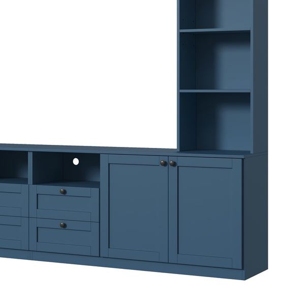 English Elm Farmhouse Built-in Style Entertainment Center with Drawers Cabinets and Adjustable Shelving Blue N721S000087C