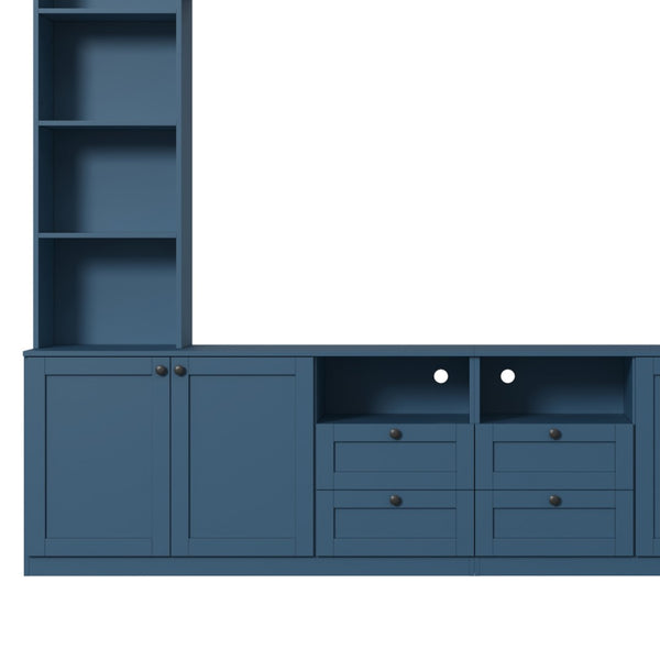 English Elm Farmhouse Built-in Style Entertainment Center with Drawers Cabinets and Adjustable Shelving Blue N721S000087C