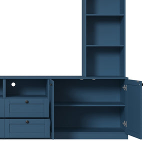 English Elm Farmhouse Built-in Style Entertainment Center with Drawers Cabinets and Adjustable Shelving Blue N721S000087C