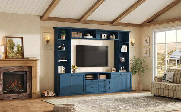 English Elm Farmhouse Built-in Style Entertainment Center with Drawers Cabinets and Adjustable Shelving Blue N721S000087C