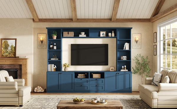 English Elm Farmhouse Built-in Style Entertainment Center with Drawers Cabinets and Adjustable Shelving Blue N721S000087C