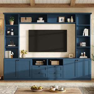 English Elm Farmhouse Built-in Style Entertainment Center with Drawers Cabinets and Adjustable Shelving Blue N721S000087C