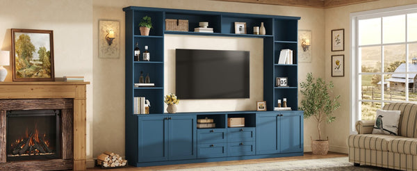 English Elm Farmhouse Built-in Style Entertainment Center with Drawers Cabinets and Adjustable Shelving Blue N721S000087C