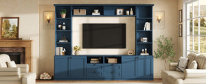 English Elm Farmhouse Built-in Style Entertainment Center with Drawers Cabinets and Adjustable Shelving Blue N721S000087C