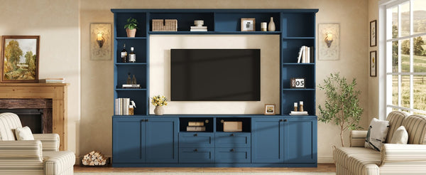 English Elm Farmhouse Built-in Style Entertainment Center with Drawers Cabinets and Adjustable Shelving Blue N721S000087C