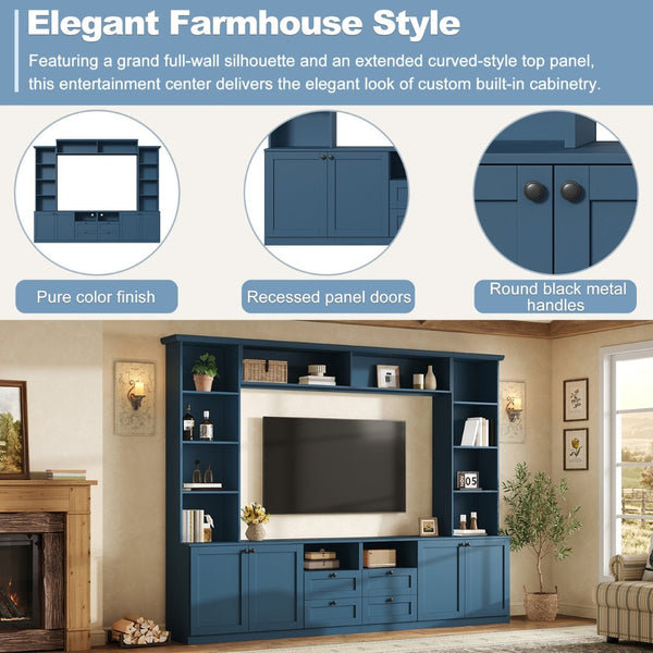 English Elm Farmhouse Built-in Style Entertainment Center with Drawers Cabinets and Adjustable Shelving Blue N721S000087C