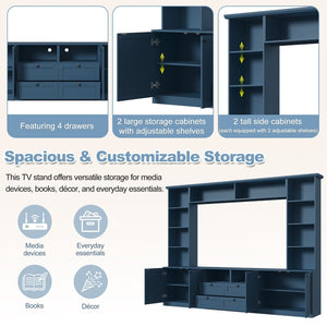 English Elm Farmhouse Built-in Style Entertainment Center with Drawers Cabinets and Adjustable Shelving Blue N721S000087C