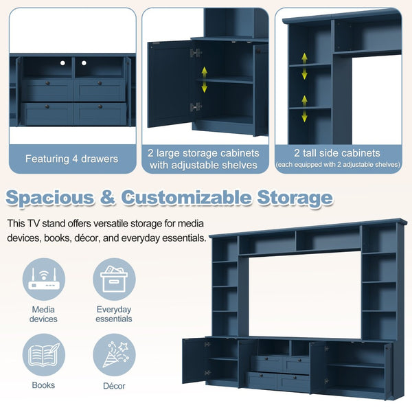 English Elm Farmhouse Built-in Style Entertainment Center with Drawers Cabinets and Adjustable Shelving Blue N721S000087C