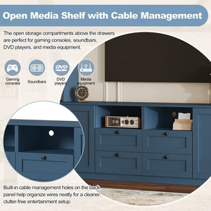 English Elm Farmhouse Built-in Style Entertainment Center with Drawers Cabinets and Adjustable Shelving Blue N721S000087C
