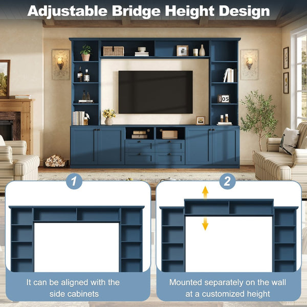 English Elm Farmhouse Built-in Style Entertainment Center with Drawers Cabinets and Adjustable Shelving Blue N721S000087C