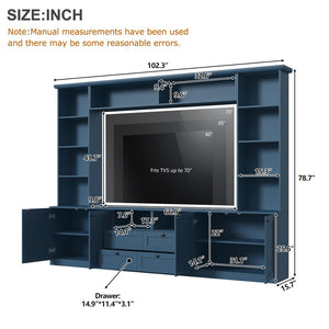 English Elm Farmhouse Built-in Style Entertainment Center with Drawers Cabinets and Adjustable Shelving Blue N721S000087C