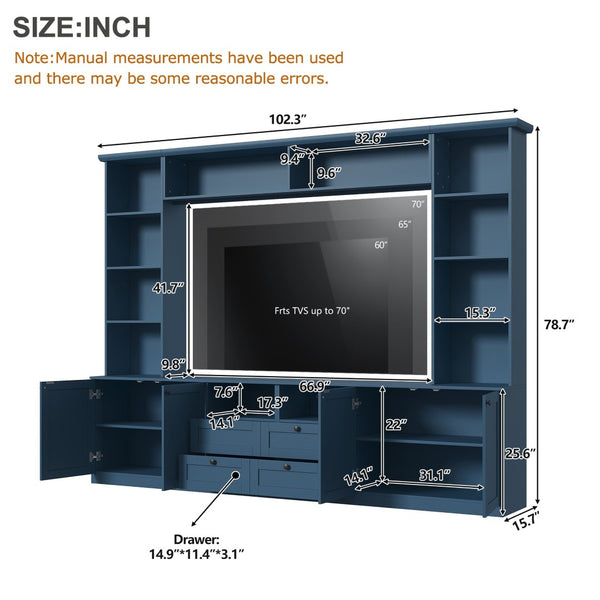 English Elm Farmhouse Built-in Style Entertainment Center with Drawers Cabinets and Adjustable Shelving Blue N721S000087C