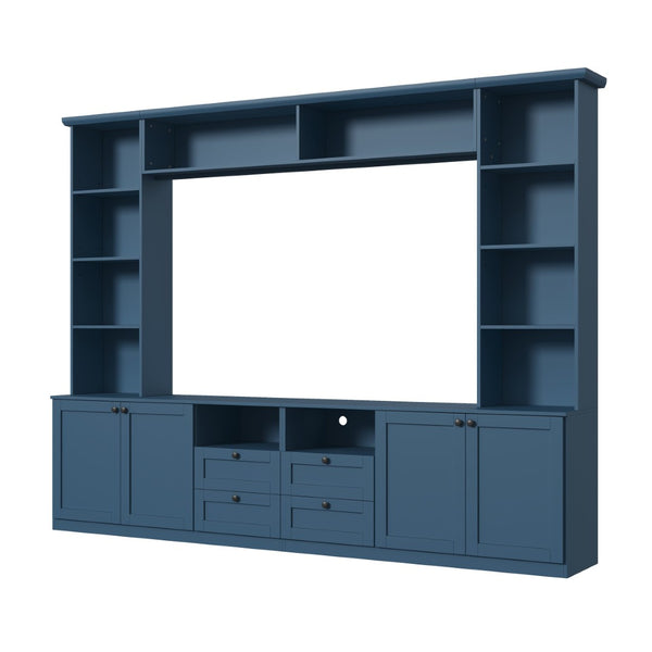 English Elm Farmhouse Built-in Style Entertainment Center with Drawers Cabinets and Adjustable Shelving Blue N721S000087C