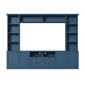English Elm Farmhouse Built-in Style Entertainment Center with Drawers Cabinets and Adjustable Shelving Blue N721S000087C