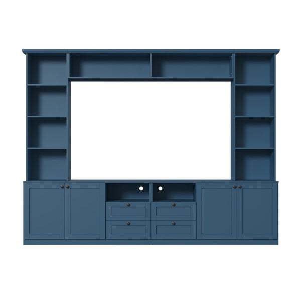 English Elm Farmhouse Built-in Style Entertainment Center with Drawers Cabinets and Adjustable Shelving Blue N721S000087C