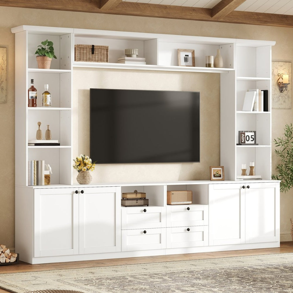 English Elm Farmhouse Built-in Style Entertainment Center with Drawers Cabinets and Adjustable Shelving White N721S000087K
