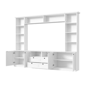 English Elm Farmhouse Built-in Style Entertainment Center with Drawers Cabinets and Adjustable Shelving White N721S000087K