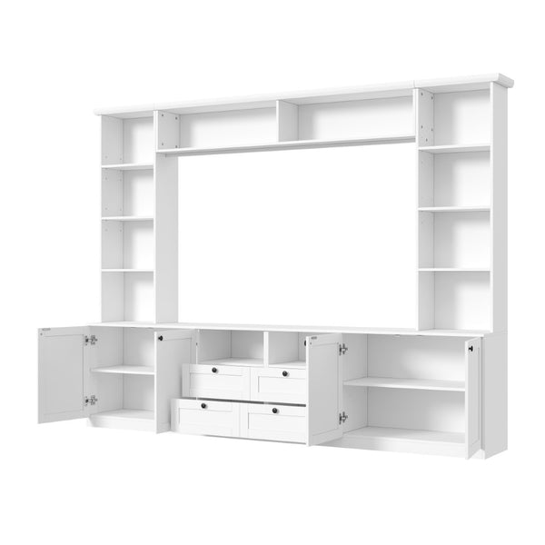 English Elm Farmhouse Built-in Style Entertainment Center with Drawers Cabinets and Adjustable Shelving White N721S000087K