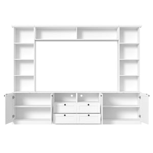English Elm Farmhouse Built-in Style Entertainment Center with Drawers Cabinets and Adjustable Shelving White N721S000087K