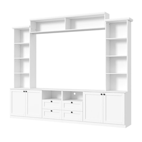English Elm Farmhouse Built-in Style Entertainment Center with Drawers Cabinets and Adjustable Shelving White N721S000087K
