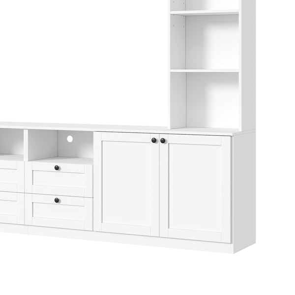 English Elm Farmhouse Built-in Style Entertainment Center with Drawers Cabinets and Adjustable Shelving White N721S000087K