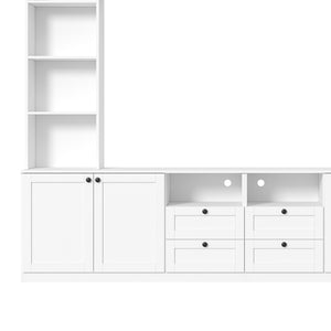 English Elm Farmhouse Built-in Style Entertainment Center with Drawers Cabinets and Adjustable Shelving White N721S000087K