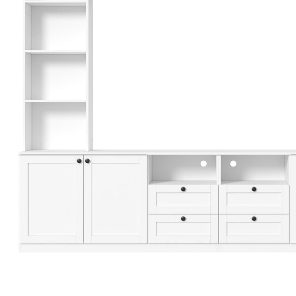 English Elm Farmhouse Built-in Style Entertainment Center with Drawers Cabinets and Adjustable Shelving White N721S000087K
