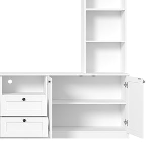 English Elm Farmhouse Built-in Style Entertainment Center with Drawers Cabinets and Adjustable Shelving White N721S000087K