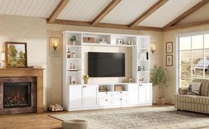 English Elm Farmhouse Built-in Style Entertainment Center with Drawers Cabinets and Adjustable Shelving White N721S000087K